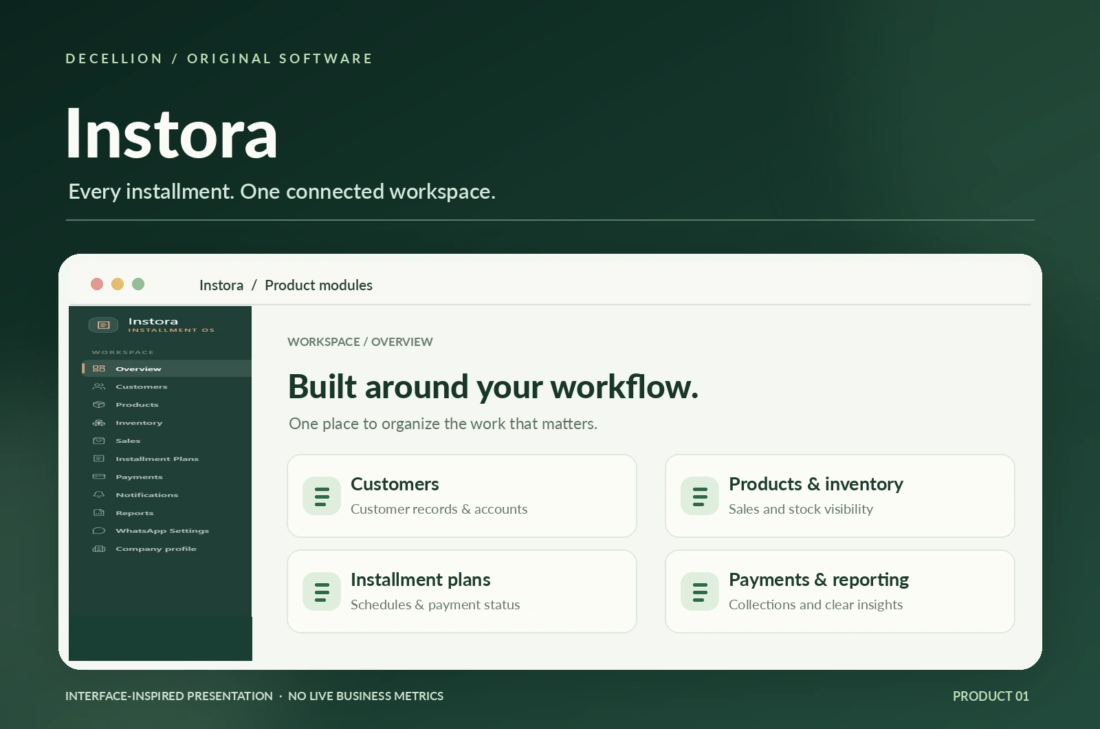 Instora interface-inspired illustration featuring installment operations, product inventory and collection management