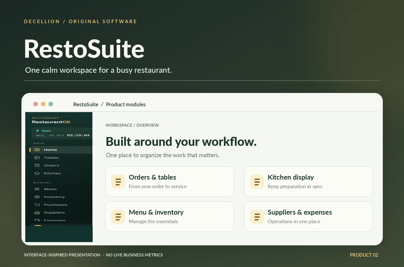 RestoSuite interface-inspired illustration featuring orders, kitchen and restaurant management